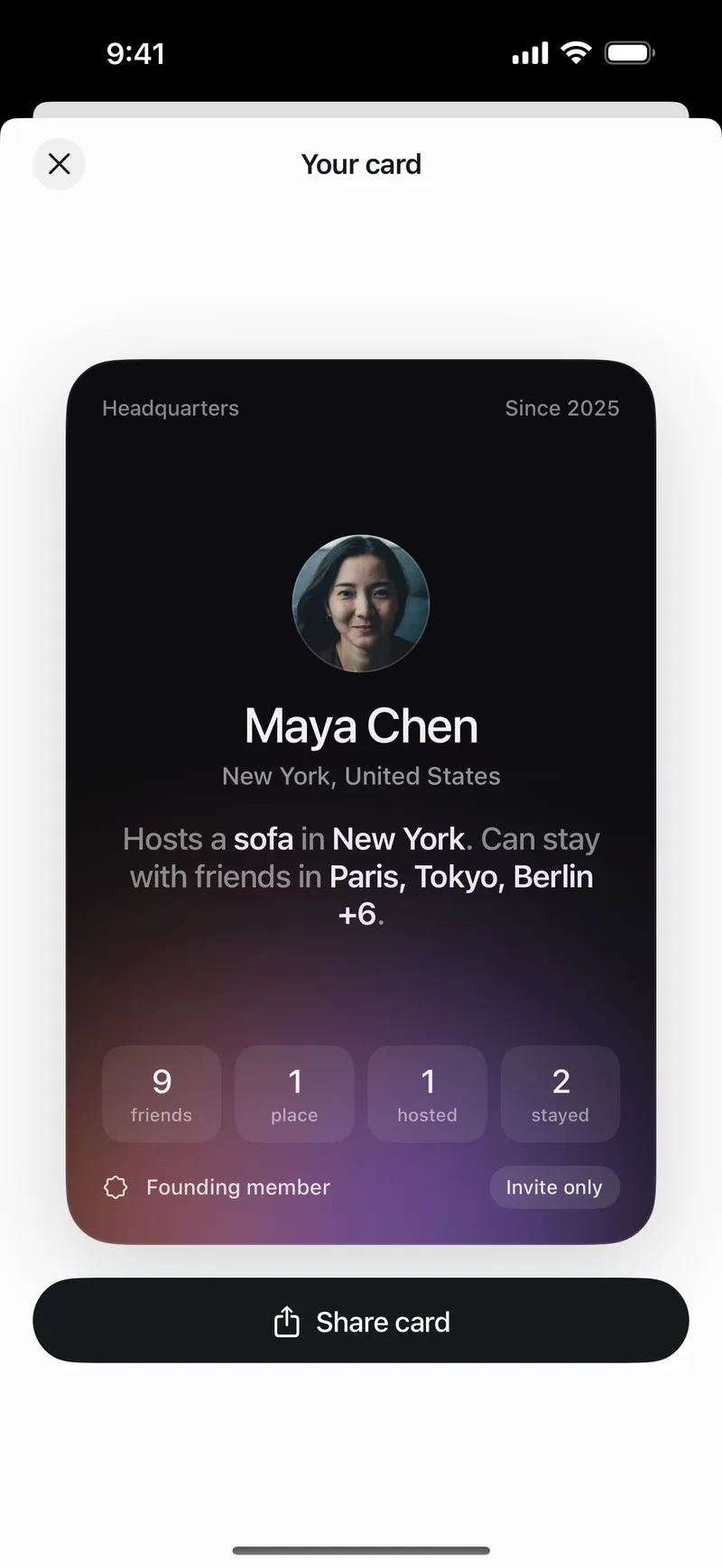 A member’s card: their cities, friends and stays